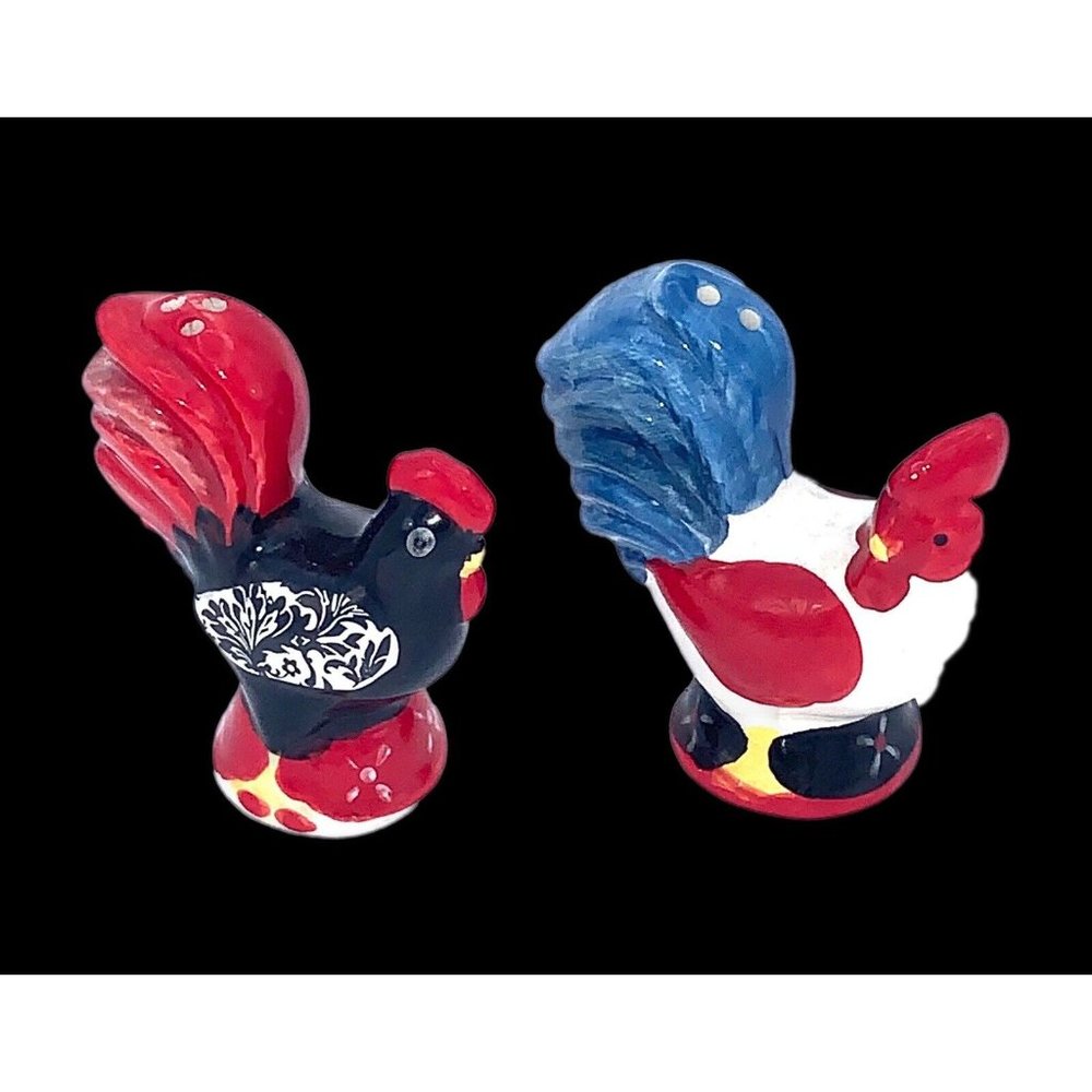 Vintage Shaker Set Hen and Rooster Black Red Yellow Chickens Bird